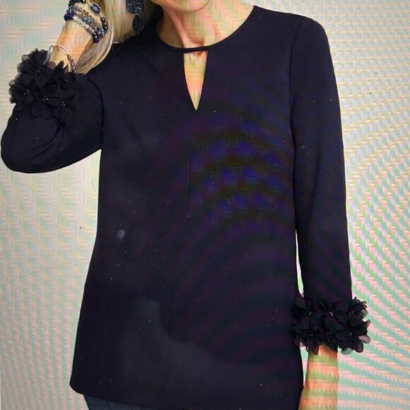 Chico’s Ponte 3D Applique Floral Tunic, Size 2 (Chico's sizes), Navy - Picture 3 of 9